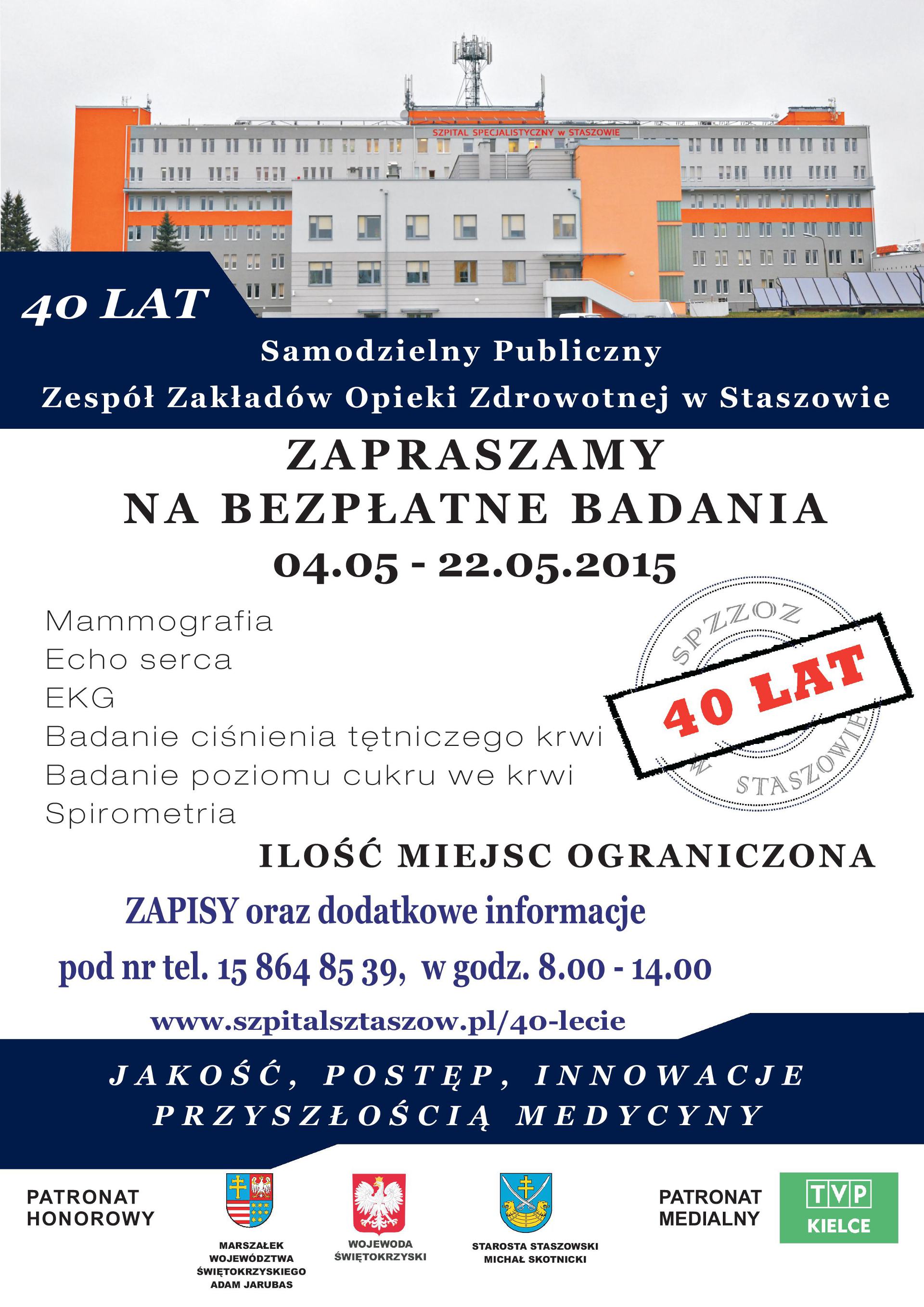 Zapraszamy na bezpłatne badania: mammografia, echo serca, ekg, cisnienie tętnicze krwi, poziom cukru we krwi, spirometria. 04.05.2015 - 22.05.2015